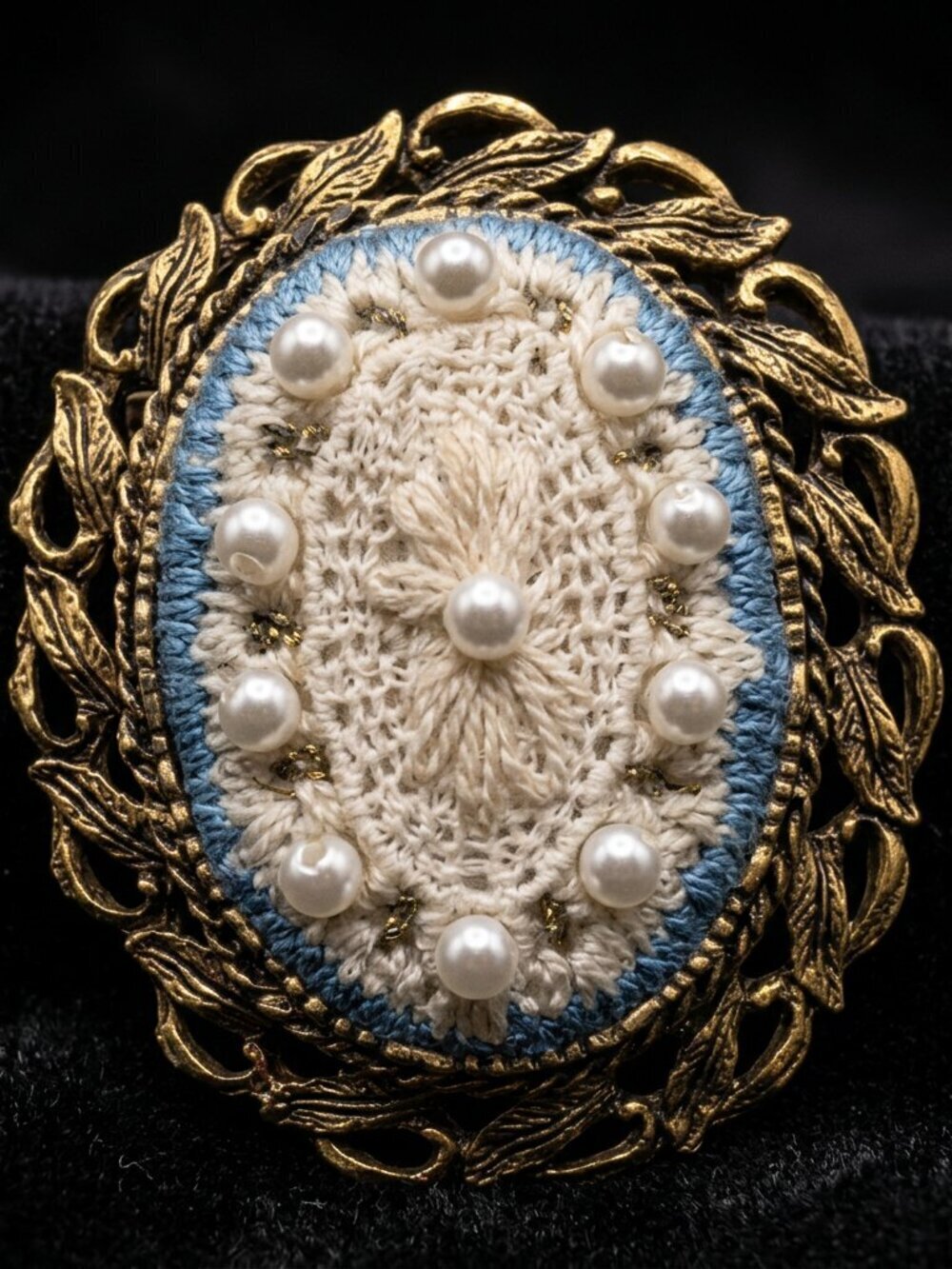Vintage Gold Tone Crochet & Faux Pearl Oval Brooch | Victorian Revival